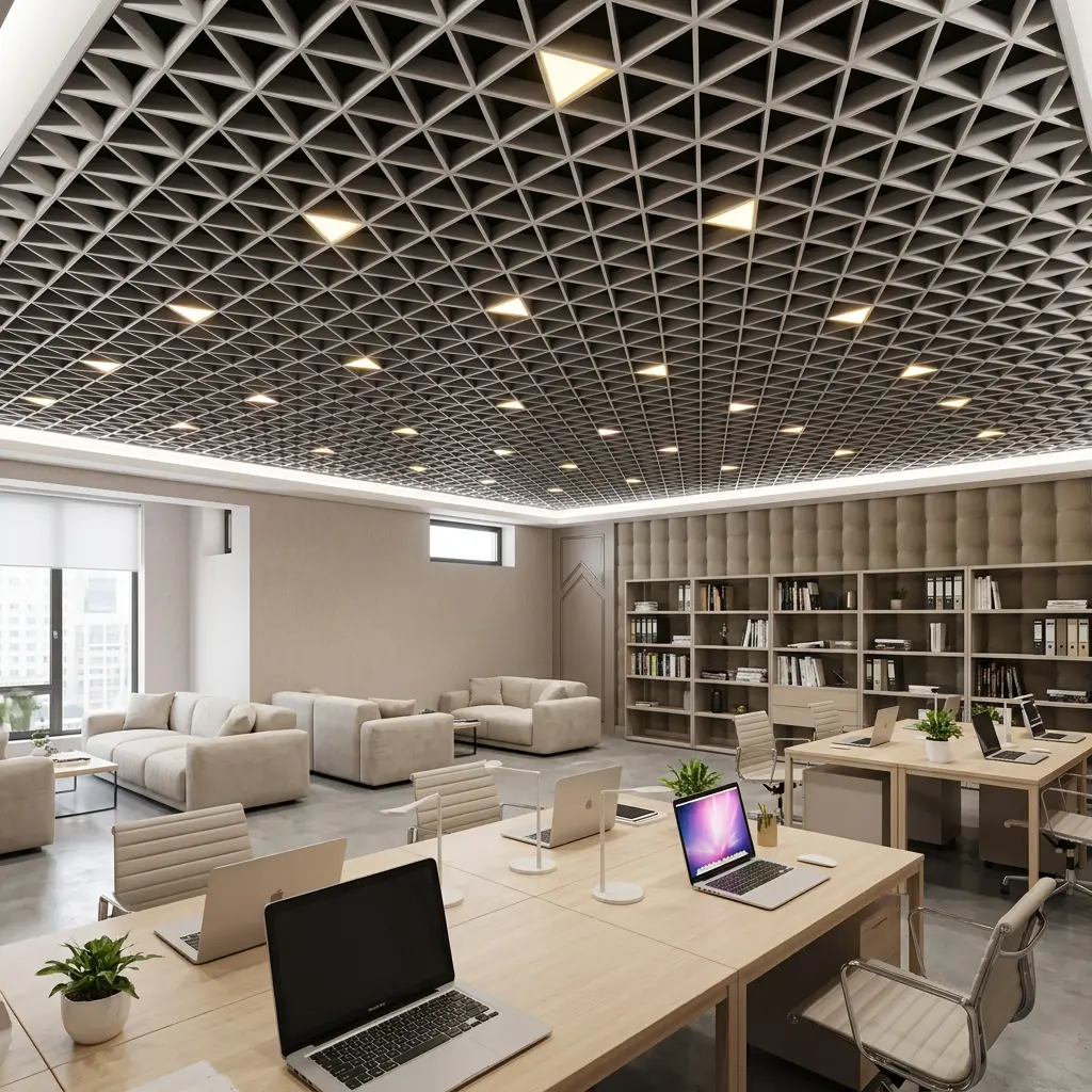 Потолок грильято треугольный в офисе