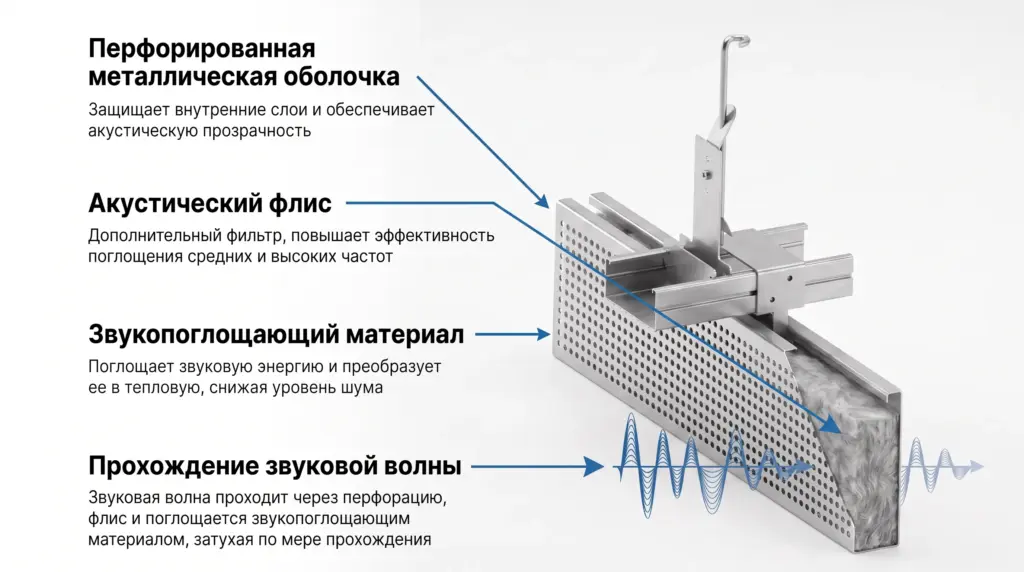 Устройство перфорированной акустической рейки для потолка