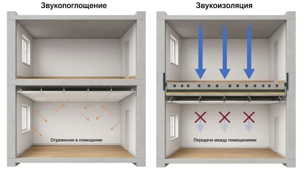 Схема различий между звукопоглощением и звукоизоляцией потолка