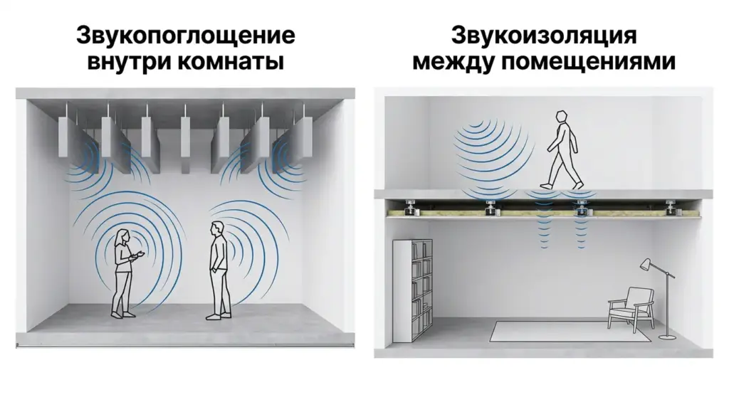 Различие между звукопоглощающими баффлами и звукоизоляцией потолка