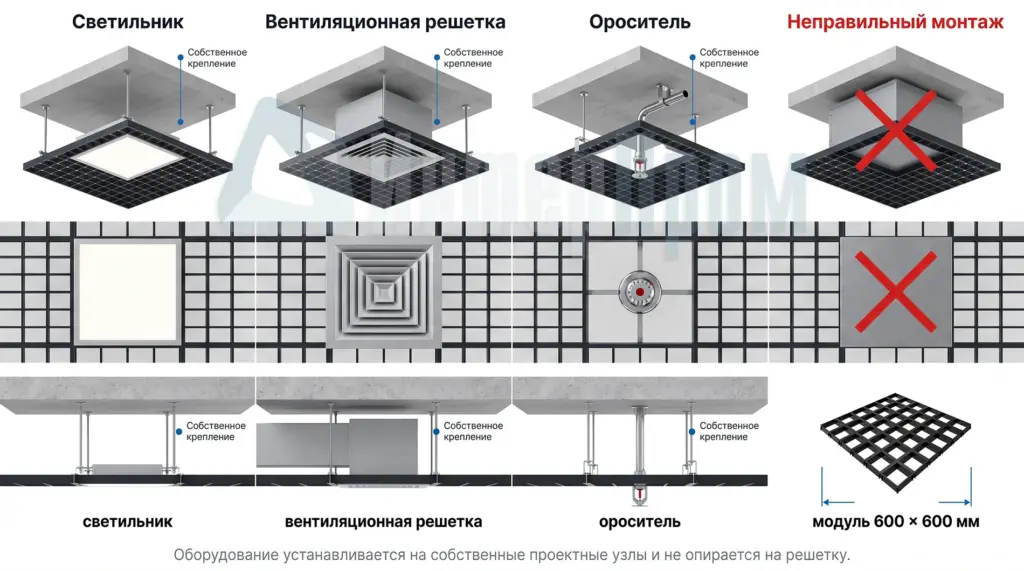Схема размещения светильника, вентиляционной решетки и оросителя в потолке Грильято GL15
