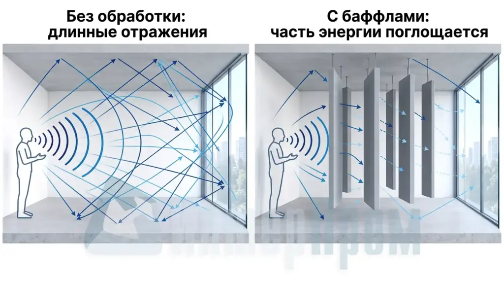 Схема прохождения и поглощения звуковых волн между вертикальными акустическими баффлами
