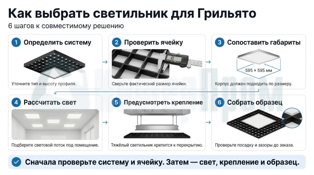 Алгоритм выбора светильника по типу потолка, ячейке и светотехническому расчету