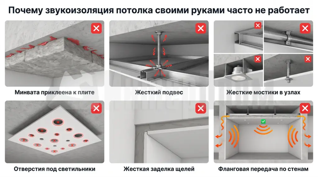 Жесткие акустические мостики в конструкции звукоизоляции потолка