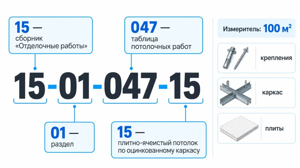 Расшифровка кода ГЭСН 15-01-047-15 для потолка Armstrong