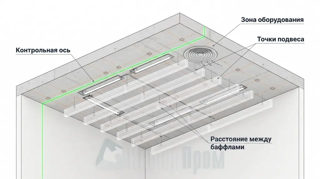 Лазерная разметка точек крепления и рядов акустических баффлов