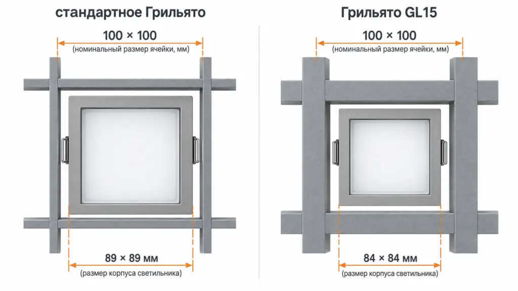 Светильники разного фактического размера для ячейки Грильято 100 на 100