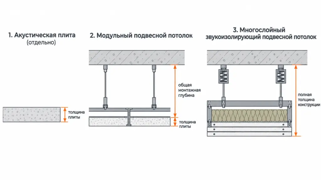 Толщина акустической панели, воздушной полости и всей потолочной конструкции