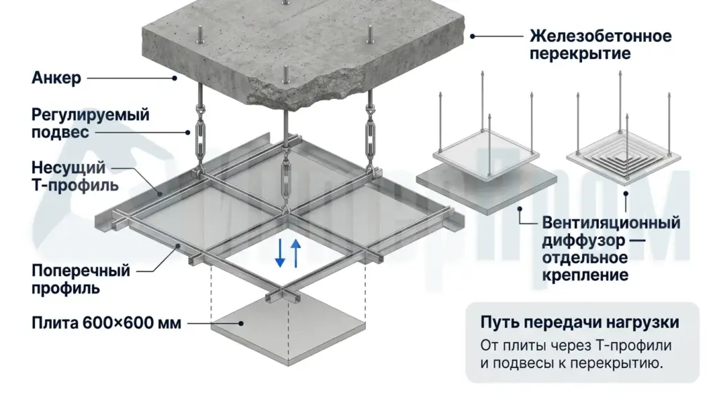 Взрыв-схема модульного потолка с подвесами, T-профилями, плитами и оборудованием