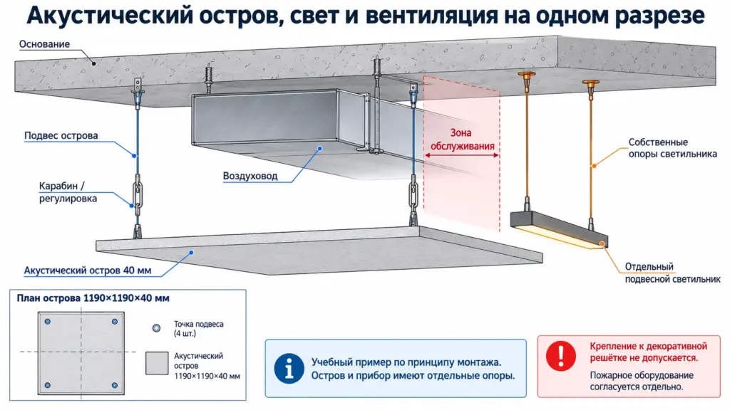Разрез с отдельными подвесами акустического острова и светильника и зоной обслуживания вентиляции