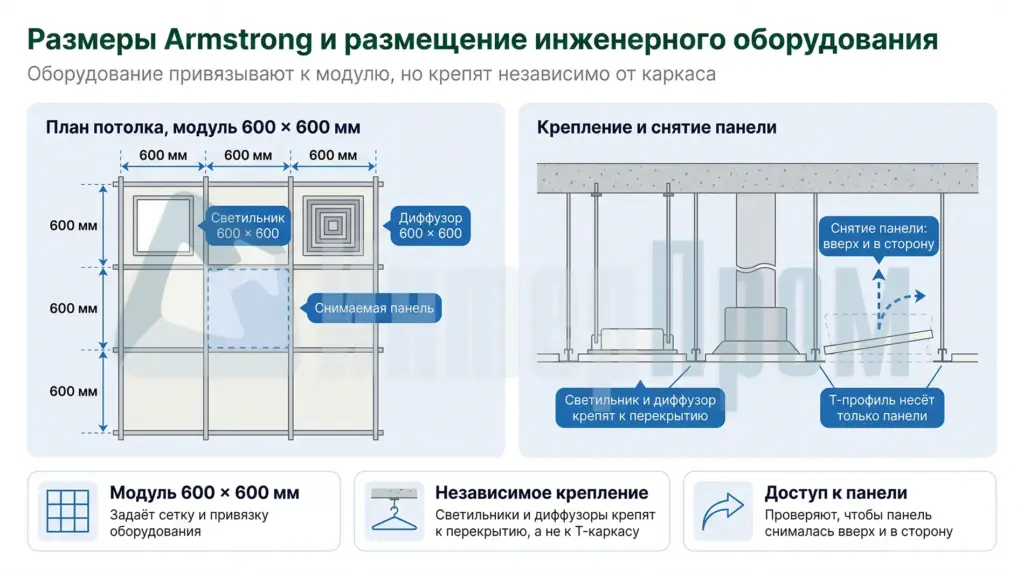 Координация плит Armstrong 600 × 600 с освещением, вентиляцией и зонами доступа