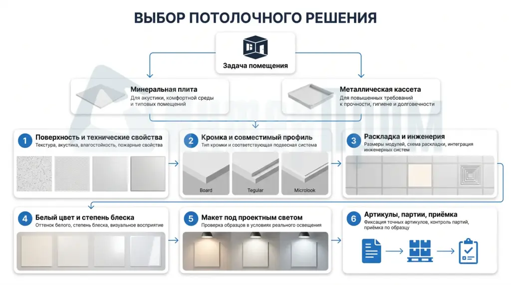 Алгоритм выбора белой плиты, профиля, кромки и освещения для потолка Armstrong