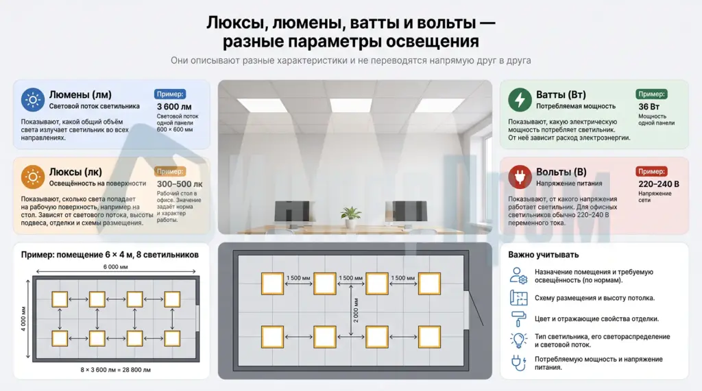 Схема различий между люксами, люменами, ваттами и вольтами светильника Armstrong