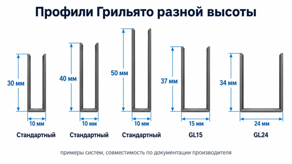 Сравнение профилей Грильято высотой 30, 40 и 50 мм, GL15 37 мм и GL24 34 мм